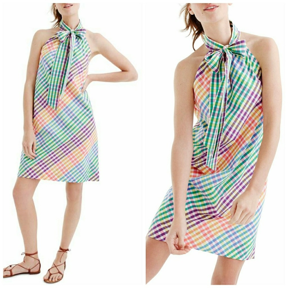 NWT, J.Crew Tie Neck Rainbow Gingham Dress - Picture 3 of 6